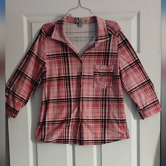 B Design Tops - Plaid Button Down Shirt - Pink and Black